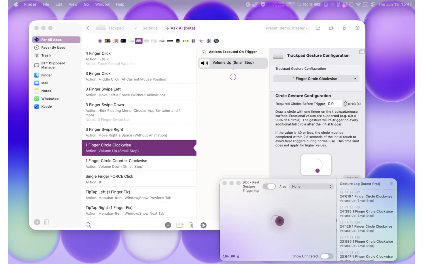 BetterTouchTool 官方产品页截图展示触控板手势触发器、动作选择和 Mac 窗口操作配置界面