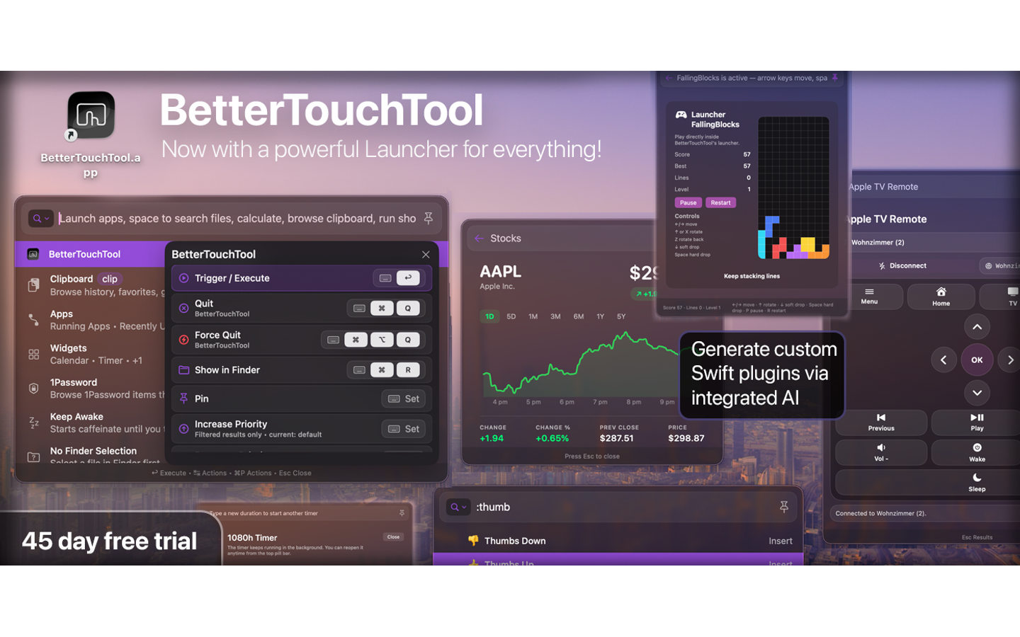 BetterTouchTool 官方产品页截图展示 Spotlight 风格启动器、搜索结果与可执行操作