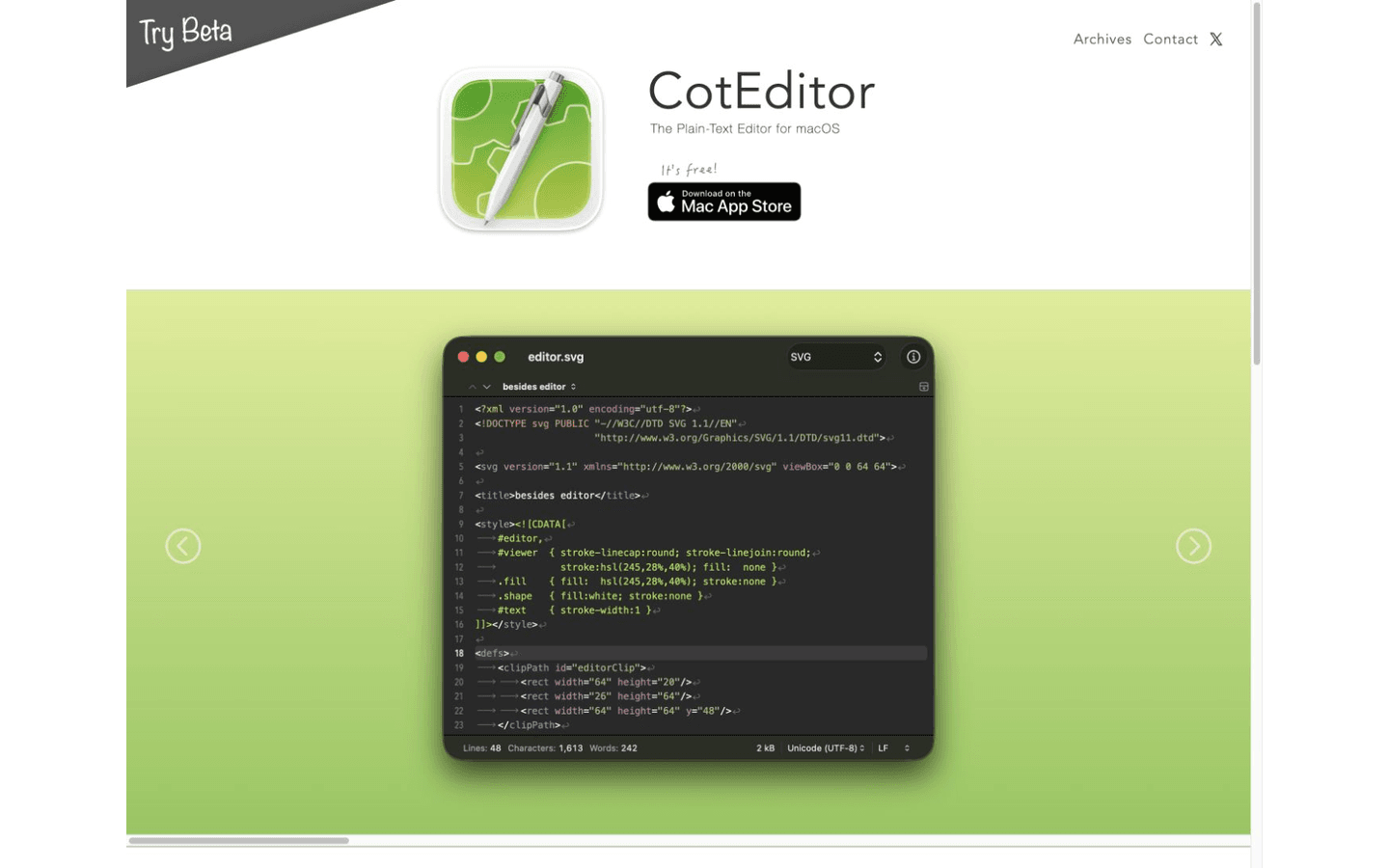 CotEditor 官方网站展示深色代码编辑窗口、行号、语法高亮、文本统计和编码状态
