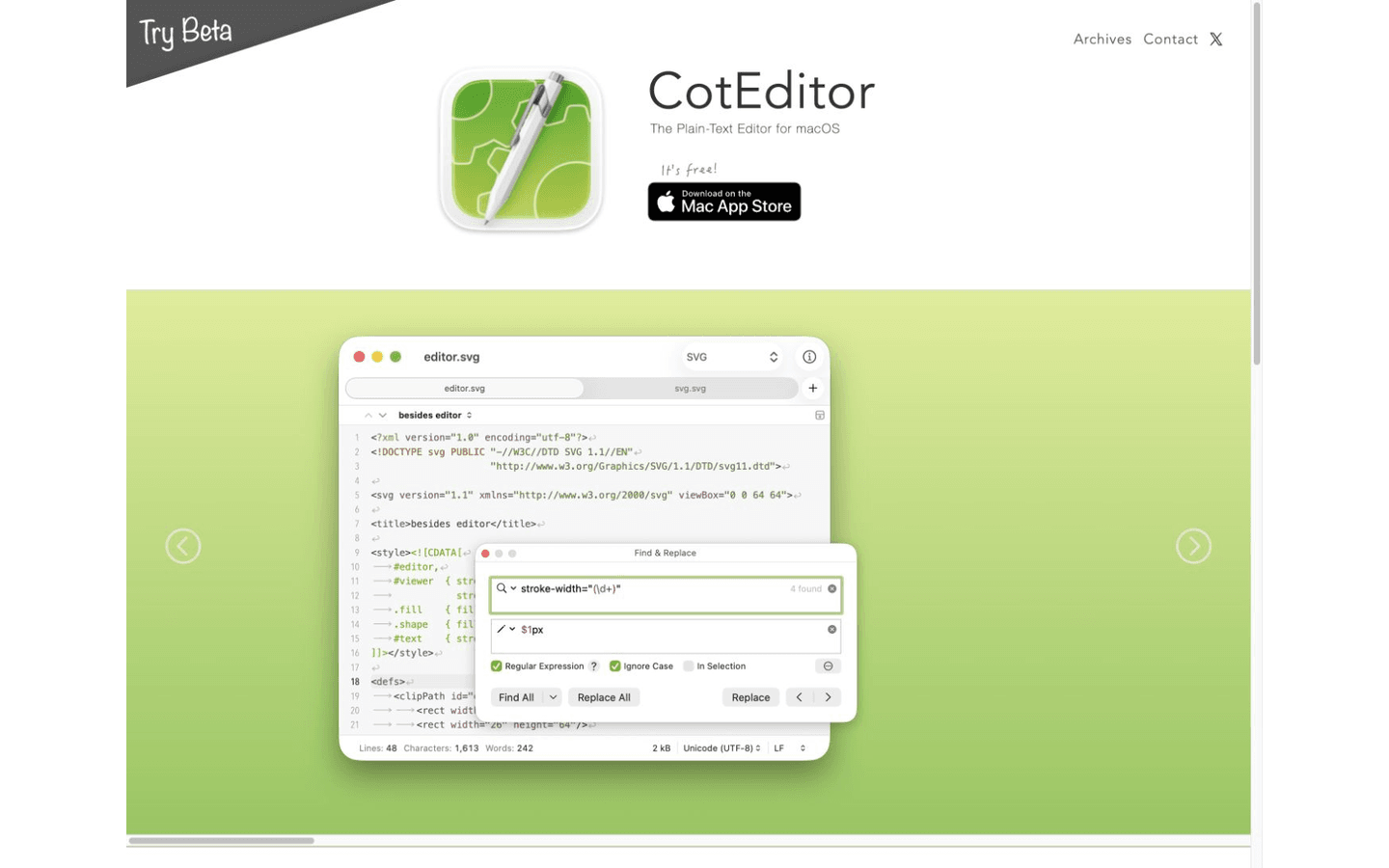 CotEditor 官方网站展示浅色编辑窗口、文件列表、语法高亮和查找替换面板