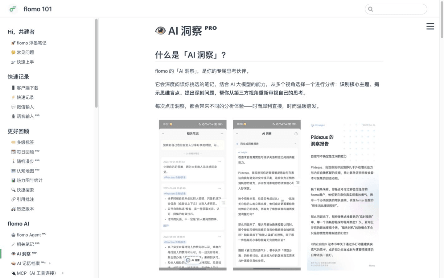 flomo 官方 AI 洞察页面展示相关笔记、洞察结果和带依据的报告界面