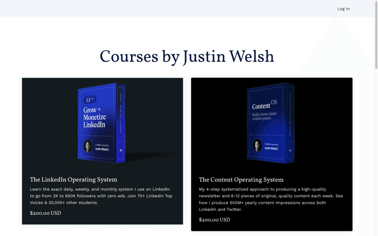 Justin Welsh 课程商店同时展示 LinkedIn Operating System 与 Content Operating System