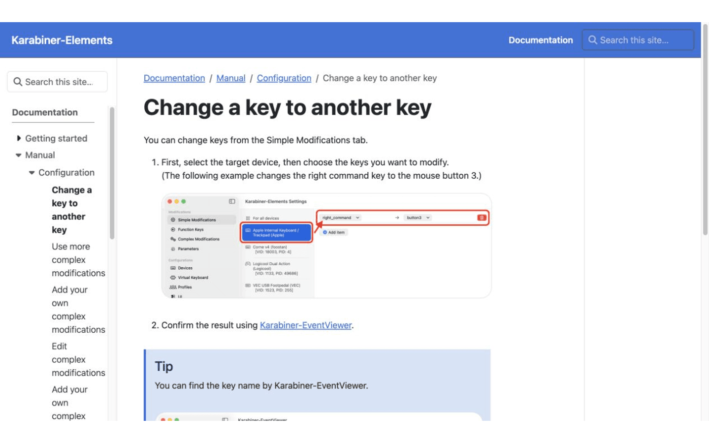 Karabiner-Elements 官方文档展示 Simple Modifications 设置界面，以及把 caps_lock 映射为 left_control 的示例