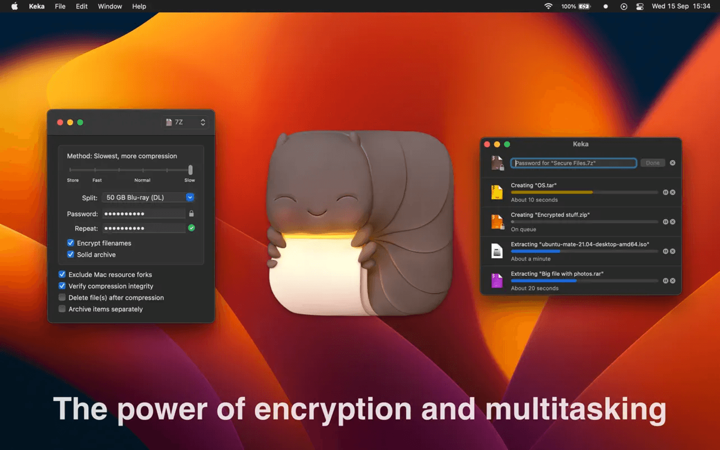 Keka Mac App Store 官方截图展示加密压缩参数、密码输入和多个压缩解压任务队列