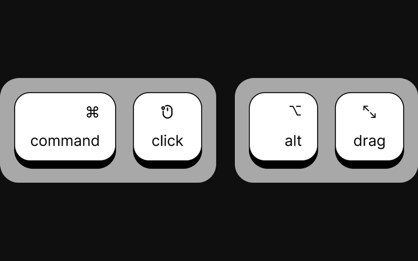 Keyviz 官方预览图展示 Command 与 Click、Alt 与 Drag 的实时组合输入提示