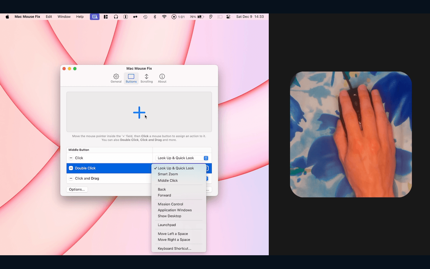 Mac Mouse Fix 官网演示帧展示 Buttons 设置、鼠标按键动作列表、动作菜单和真实鼠标操作