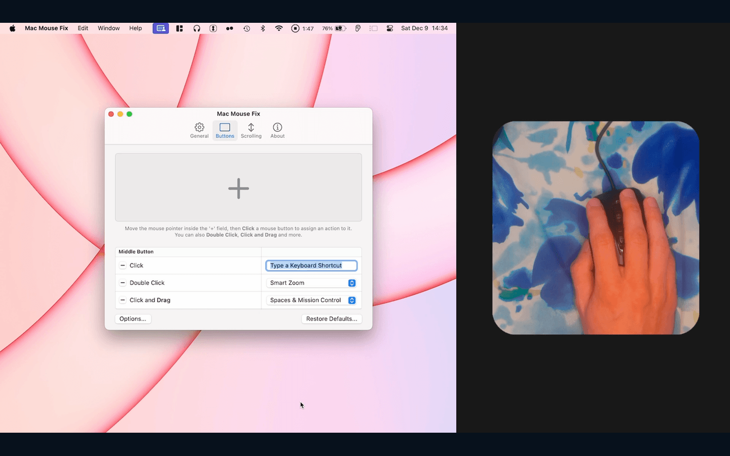 Mac Mouse Fix 官网演示帧展示 Buttons 设置、鼠标按键列表、键盘快捷键输入和真实鼠标操作