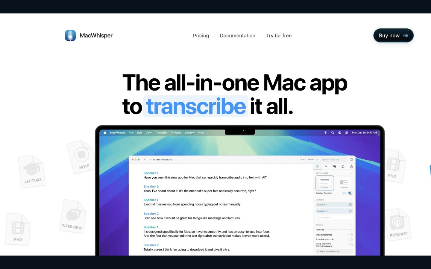 MacWhisper 官方网站首屏展示产品名称、Mac 转录应用定位和电脑中的转录编辑界面