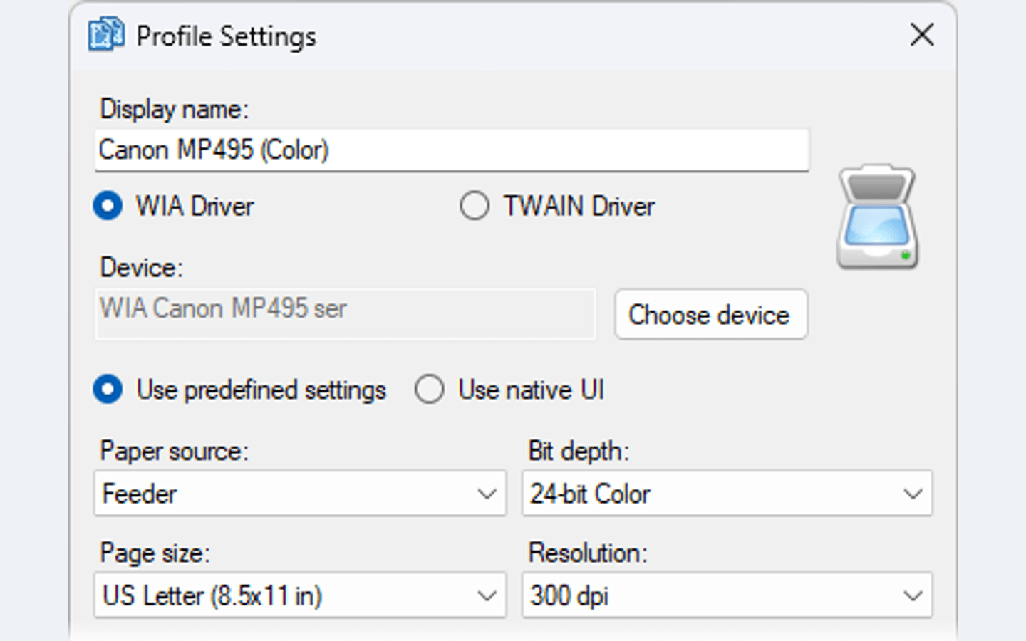 NAPS2 官方 Profile Settings 界面，展示 WIA 与 TWAIN 驱动、设备、纸张来源、分辨率和色深选项