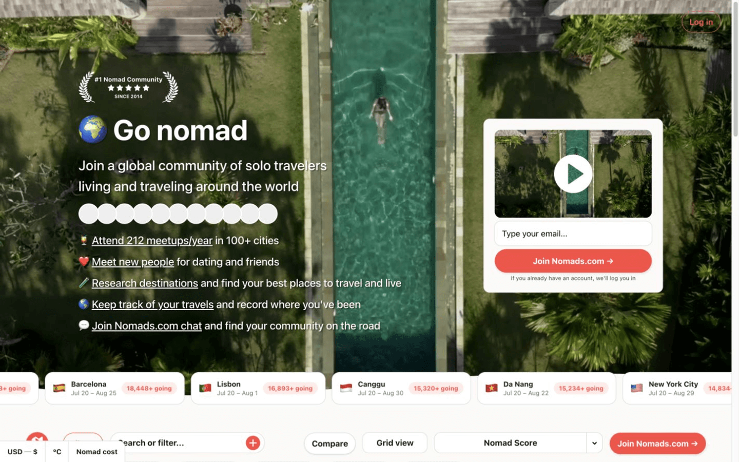 Nomads.com 首页展示数字游民社区、目的地研究、聚会和旅行记录功能