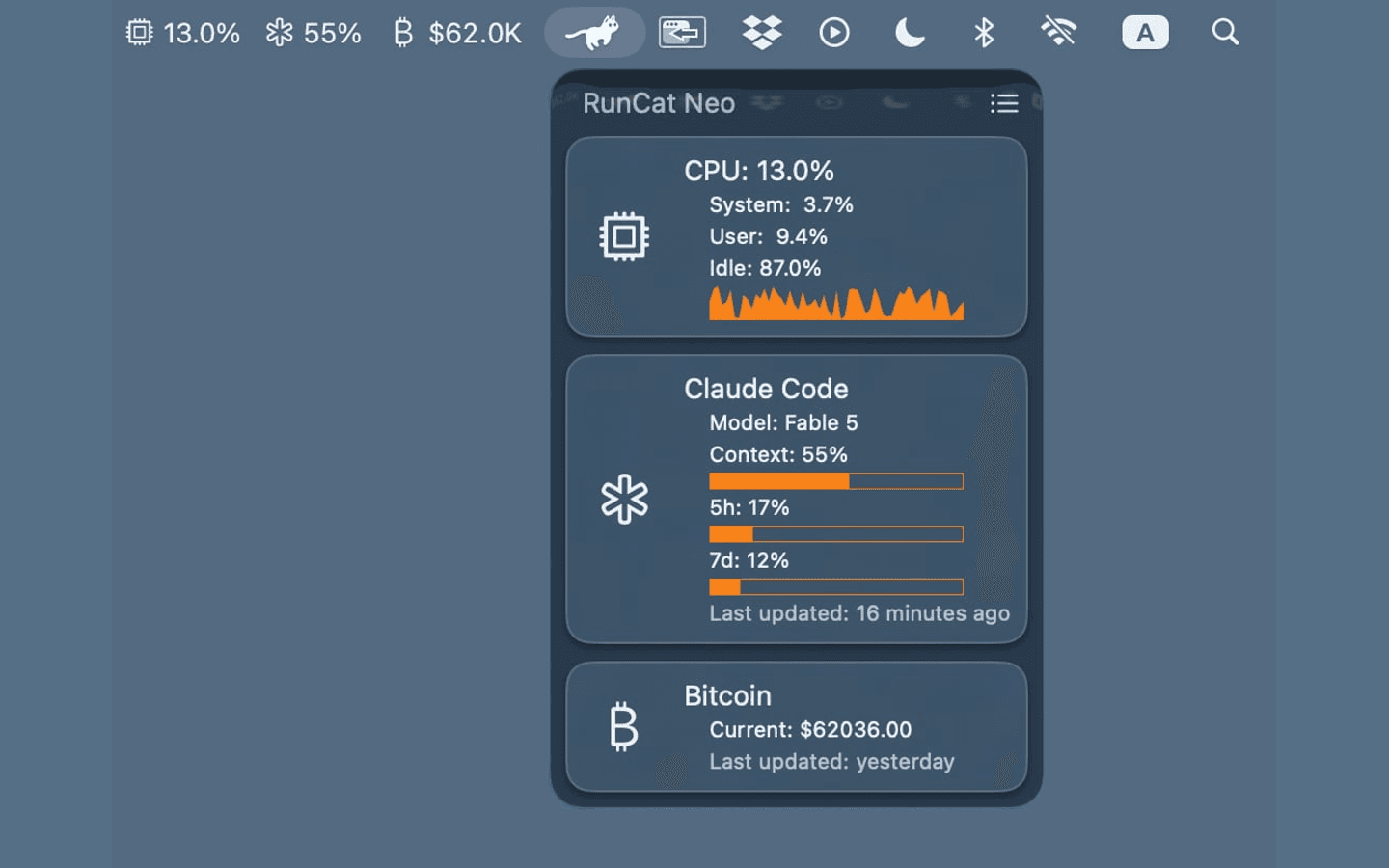 RunCat Neo 官方界面展示 CPU 卡片、Claude Code 状态与比特币价格自定义指标