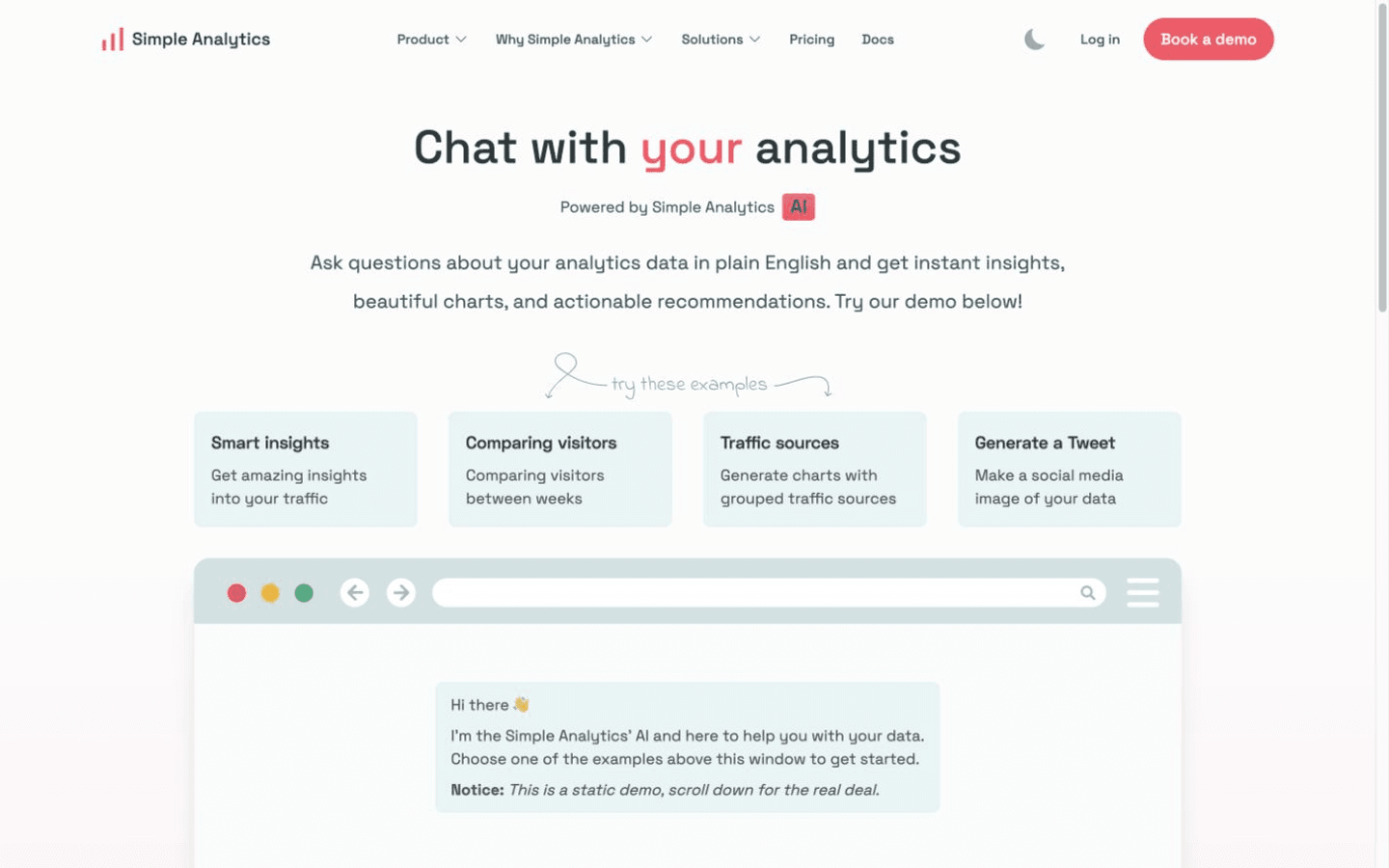Simple Analytics AI 官方页面展示自然语言问题示例和分析对话界面