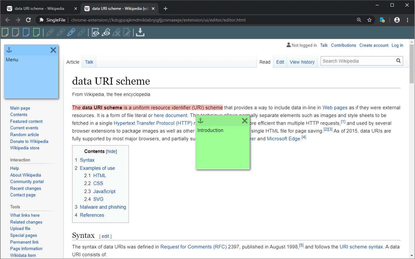 SingleFile Chrome 官方商店截图展示高亮文本、便签、标注工具栏与下载单个 HTML 的编辑界面