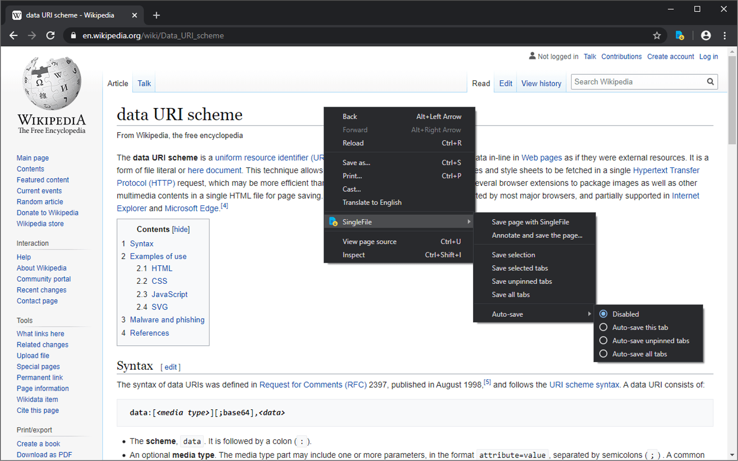 SingleFile Chrome 官方商店截图展示网页右键菜单中的保存页面、标注、选区、多标签页与自动保存入口