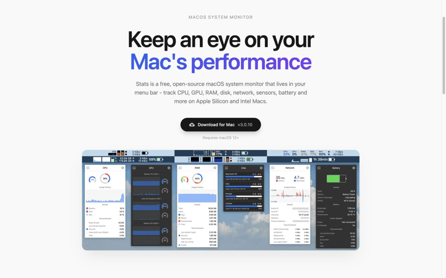 Stats 官方首页展示 macOS 菜单栏中的系统指标和 CPU、GPU、内存、磁盘、网络、电池监控弹窗