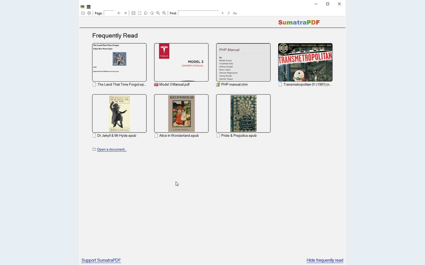 SumatraPDF 官方产品图展示最近阅读区、PDF、EPUB、CHM 与漫画文件缩略图以及打开文档入口
