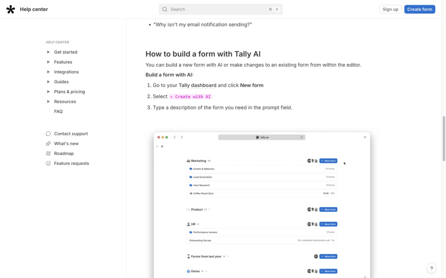 Tally AI 官方帮助页展示 Create with AI 操作步骤和真实表单控制台