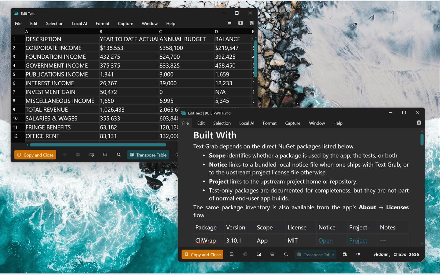 Text Grab 官方更新截图展示 Edit Text Window 的表格模式与 Markdown 模式